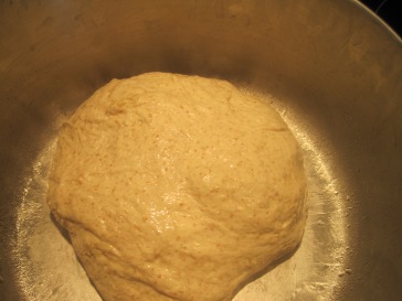 after the 2nd stretch and fold; with each stretch/fold, it becomes a more fluffier and stronger dough. it also started to lose its sticky appearance