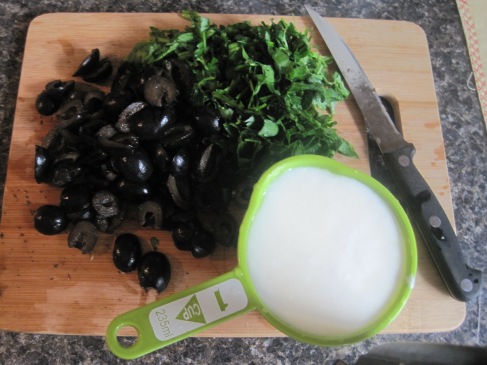 kefir, coarsely chopped italian parsley (my favorite), and cut black olives - yummy :)