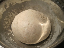 iitial dough: it has 1 cup of levain; 1.5 cups of water, 1.5 tbs of salt and sugar, and 3.5 cups of bread flour - I stretched and folded it 4-5 times, and left at room temp over night for the rise